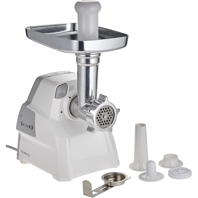 Kenwood Meat Grinder 2100W Meat Mincer With Kibbeh Maker, Sausage Maker, Biscuit Attachment, Feed Tube Pusher, 3 Stainless Steel Screens For Fine, Medium And Coarse Results, White/Silver, MGP40.000WH, 1 Year Warranty