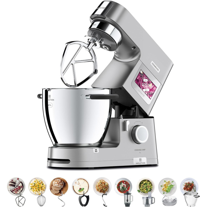 Kenwood Stand Mixer Metal Body Kitchen Machine Cooking Chef XL With Induction/Cooking Function, Built-In Weighing Scale, SS Bowl And Food Steamer,5 Tools,Glass Blender,Food Processor, Silver, KCL95.424SI, 1 Year Warranty