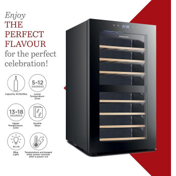 Kenwood Beverage Cooler 43 Bottles Wine Refrigerator With Dual Temperature Zone, Double Glass Door, Blue Light, Smart Control, Black, BCW43.000BK, 1 Year Warranty