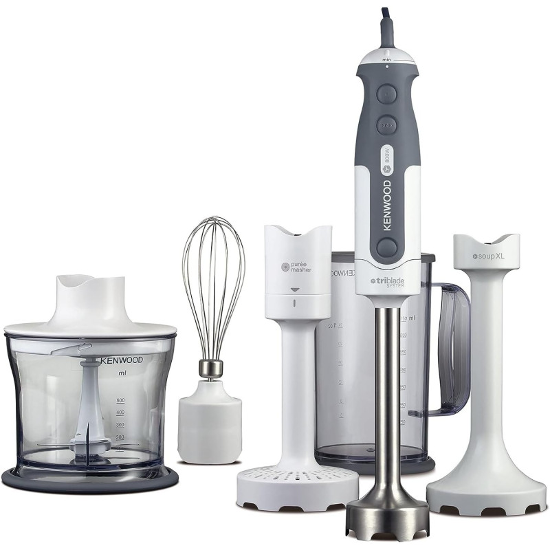 Kenwood Hand Blender 800W With 500Ml Chopper, 750Ml Beaker, Whisk, Puree/Masher, Soup XL, Stainless Steel Wand, Triblade Technology, White/Grey, HDP406WH, 1 Year Warranty