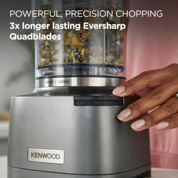 Kenwood 2-In-1 Chopper Plus Grinder 1000W Powerful Metal Grinder And Electric Chopper With Eversharp Quadblades, Dripper Pro, Spatula For Wet Chopping And Dry Grinding, Grey, CHP80.000SI, 1 Year Warranty