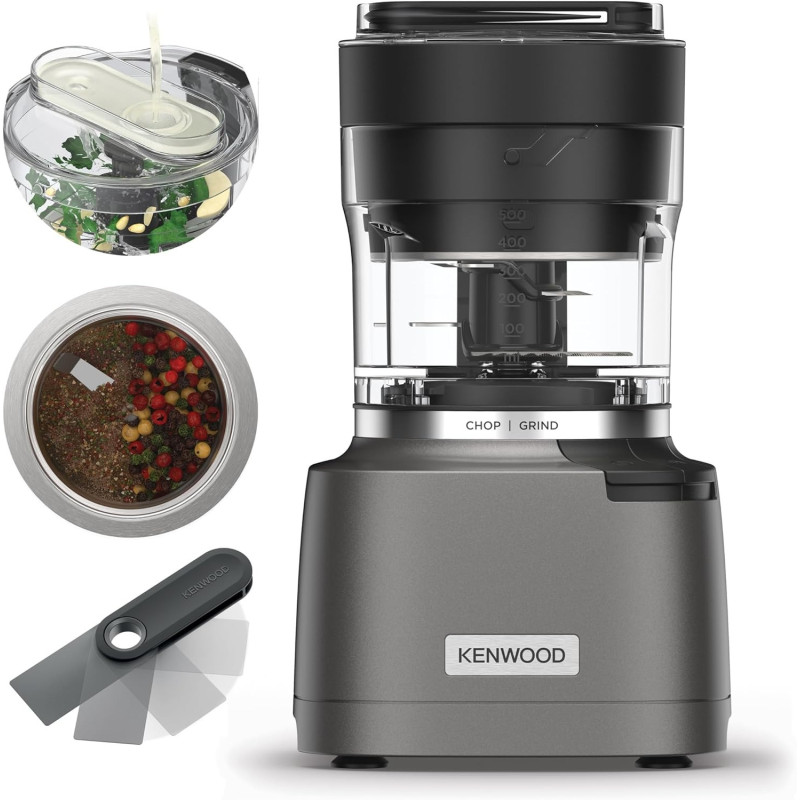 Kenwood 2-In-1 Chopper Plus Grinder 1000W Powerful Metal Grinder And Electric Chopper With Eversharp Quadblades, Dripper Pro, Spatula For Wet Chopping And Dry Grinding, Grey, CHP80.000SI, 1 Year Warranty