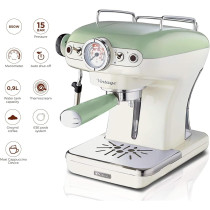 Ariete Vintage Espresso Coffee Machine With Manometer And Milk Frother, Auto Shut-Off, Cappuccino Maker, Ground Coffee And ESE Pod Compatible, 850W, 15 Bar, For Home And Office, Green/White, ART1389/14, 1 Year Warranty