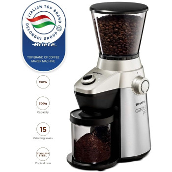 Ariete Electric Coffee Grinder Pro 150W, 300gm Capacity, 15 Grinding Levels From Fine To Coarse, Perfect For Espresso, Drip, Pour Over And French Press Coffee, Heavy Duty Stainless Steel, Silver/Black, ART3017, 1 Year Warranty