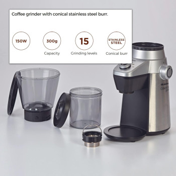 Ariete Electric Coffee Grinder Pro 150W, 300gm Capacity, 15 Grinding Levels From Fine To Coarse, Perfect For Espresso, Drip, Pour Over And French Press Coffee, Heavy Duty Stainless Steel, Silver/Black, ART3017, 1 Year Warranty