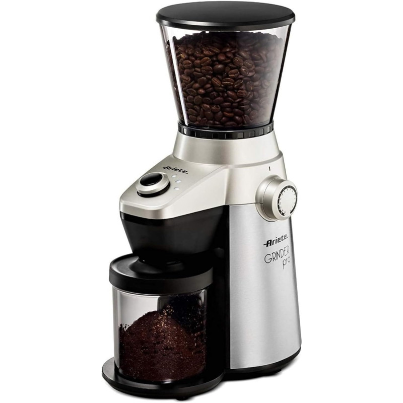Ariete Electric Coffee Grinder Pro 150W, 300gm Capacity, 15 Grinding Levels From Fine To Coarse, Perfect For Espresso, Drip, Pour Over And French Press Coffee, Heavy Duty Stainless Steel, Silver/Black, ART3017, 1 Year Warranty