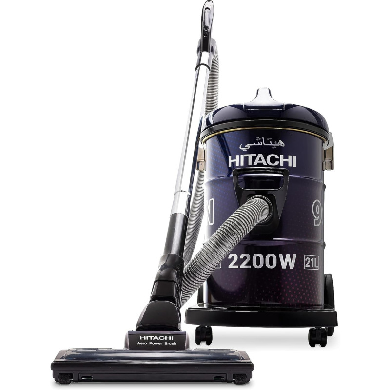 Hitachi Drum Vacuum Cleaner 2200 Watts, 21L Tank Dust Capacity, Aero Power Brush To Clean Efficiently, Metal Pipe, Dusting Brush And Crevice Nozzle, Washable Filter, Best For Home And Office, Black, CV965NBLGCM, 1 Year Warranty