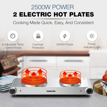 Nikai Double Hot Plate Twin Cooktop, 2500W Power, Adjustable Thermostat, Overheat Protection, Die Cast Iron Hotplates, Stainless Steel Body, Easy Control, Power Indicator light, Silver, NKTOE5N2, 1 Year Warranty