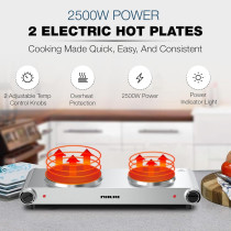 Nikai Double Hot Plate Twin Cooktop, 2500W Power, Adjustable Thermostat, Overheat Protection, Die Cast Iron Hotplates, Stainless Steel Body, Easy Control, Power Indicator light, Silver, NKTOE5N2, 1 Year Warranty