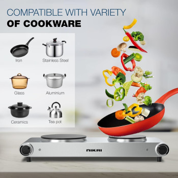 Nikai Double Hot Plate Twin Cooktop, 2500W Power, Adjustable Thermostat, Overheat Protection, Die Cast Iron Hotplates, Stainless Steel Body, Easy Control, Power Indicator light, Silver, NKTOE5N2, 1 Year Warranty