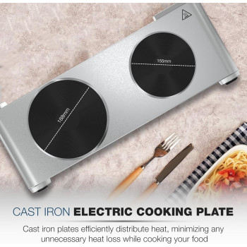 Nikai Double Hot Plate Twin Cooktop, 2500W Power, Adjustable Thermostat, Overheat Protection, Die Cast Iron Hotplates, Stainless Steel Body, Easy Control, Power Indicator light, Silver, NKTOE5N2, 1 Year Warranty
