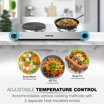 Nikai Double Hot Plate Twin Cooktop, 2500W Power, Adjustable Thermostat, Overheat Protection, Die Cast Iron Hotplates, Stainless Steel Body, Easy Control, Power Indicator light, Silver, NKTOE5N2, 1 Year Warranty