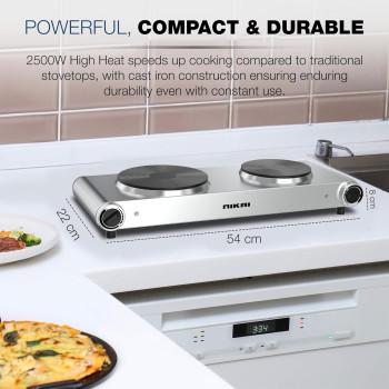 Nikai Double Hot Plate Twin Cooktop, 2500W Power, Adjustable Thermostat, Overheat Protection, Die Cast Iron Hotplates, Stainless Steel Body, Easy Control, Power Indicator light, Silver, NKTOE5N2, 1 Year Warranty