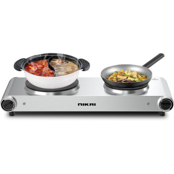 Nikai Double Hot Plate Twin Cooktop, 2500W Power, Adjustable Thermostat, Overheat Protection, Die Cast Iron Hotplates, Stainless Steel Body, Easy Control, Power Indicator light, Silver, NKTOE5N2, 1 Year Warranty