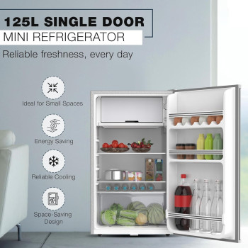 Nikai 125L Gross/90L Net, Single Door Mini Refrigerator, Compact Small Size Fridge With Separate Chiller Compartment, 2 Shelves And Bottle Storage Racks, For Home, Office, Bedroom, Silver, NRF125SS1, 1 Year Warranty