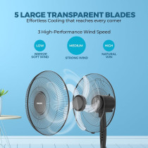 Nikai 16 Inch Pedestal Fan, 45 Watts Power, T" Class Motor, High-Performance Copper Motor, Wide Angle Oscillation, 5 Leaf "AS" Blades, 3 Speeds, Energy-Efficient, Ideal For Home And Office, Black, NPF1631T, 1 Year Warranty
