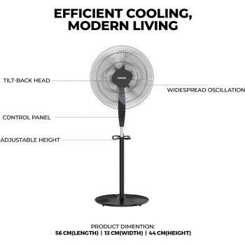 Nikai 16 Inch Pedestal Fan, 45 Watts Power, T" Class Motor, High-Performance Copper Motor, Wide Angle Oscillation, 5 Leaf "AS" Blades, 3 Speeds, Energy-Efficient, Ideal For Home And Office, Black, NPF1631T, 1 Year Warranty