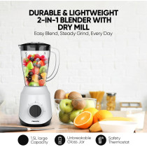 Nikai 450W 2-In-1 Blender 1.5 L Unbreakable PC Jar, 3 Speeds, Stainless Blades, Easy To Clean Detachable Parts, Perfect For Blending And Grinding, White, NB2511AX, 1 Year Warranty