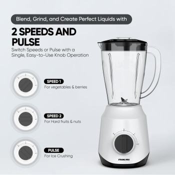 Nikai 450W 2-In-1 Blender 1.5 L Unbreakable PC Jar, 3 Speeds, Stainless Blades, Easy To Clean Detachable Parts, Perfect For Blending And Grinding, White, NB2511AX, 1 Year Warranty