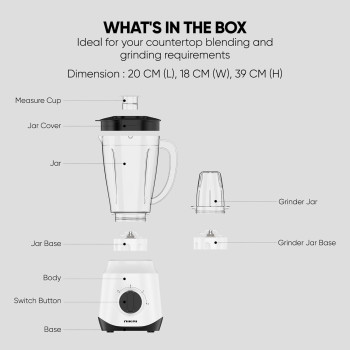 Nikai 450W 2-In-1 Blender 1.5 L Unbreakable PC Jar, 3 Speeds, Stainless Blades, Easy To Clean Detachable Parts, Perfect For Blending And Grinding, White, NB2511AX, 1 Year Warranty