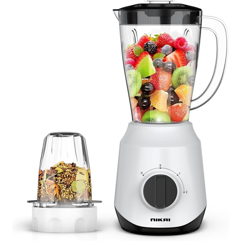 Nikai 450W 2-In-1 Blender 1.5 L Unbreakable PC Jar, 3 Speeds, Stainless Blades, Easy To Clean Detachable Parts, Perfect For Blending And Grinding, White, NB2511AX, 1 Year Warranty