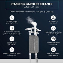 Nikai Garment Steamer 2000W, 10 Steam Levels, 2L Tank, 2-In-1 Double Aluminium Extendable Poles And Ironing Board, Thermostat Protection, Suit Hanger, White, NGS892AB, 1 Year Warranty