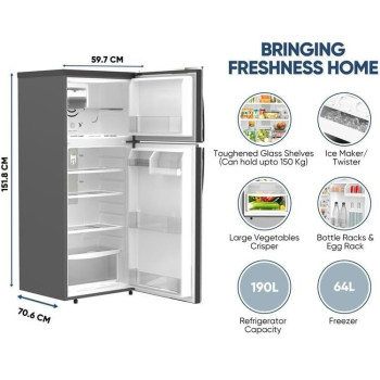 Nikai 425L Gross/254L Net, Double Door Top Mount Refrigerator, No Frost Fridge, Glass Shelves, R600A Refrigerant, Best For Home And Office, Silver, NRF425FSS, 1 Year Warranty