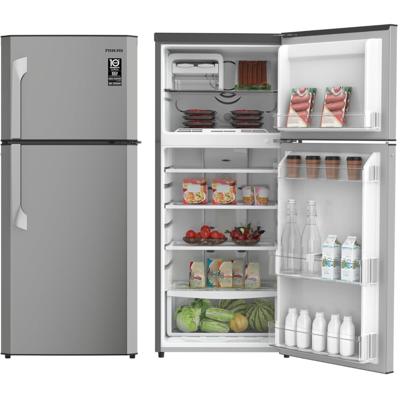 Nikai 425L Gross/254L Net, Double Door Top Mount Refrigerator, No Frost Fridge, Glass Shelves, R600A Refrigerant, Best For Home And Office, Silver, NRF425FSS, 1 Year Warranty