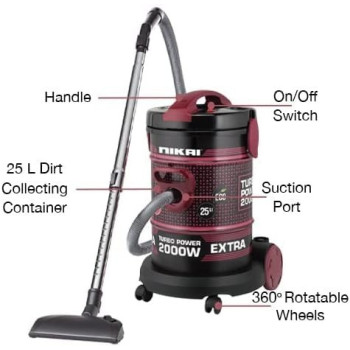 Nikai 25 Liter, 2000 W Vacuum Cleaner With Blower Attachment And Telescopic Tube, 360-Degree Wheels For Movement, Black/Red, NVC350T, 1 Year Warranty