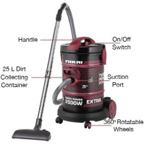 Nikai 25 Liter, 2000 W Vacuum Cleaner With Blower Attachment And Telescopic Tube, 360-Degree Wheels For Movement, Black/Red, NVC350T, 1 Year Warranty