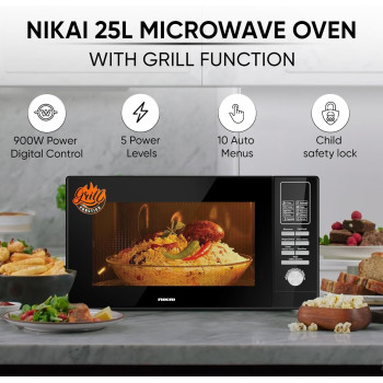Nikai 900 Watts Metal Microwave Oven, Black, 20 Liters, 1 Year Warranty