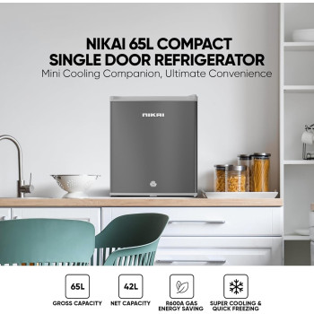 Nikai 65L Gross/42L Net, Compact Single Door Mini Refrigerator, Portable Small Size Fridge, Toughened Glass Shelves, Vegetable Crisper, Bottle Storage Racks, For Home, Office, Bedroom, Silver, NRF65N6S, 1 Year Warranty