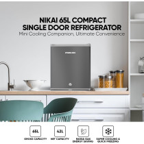 Nikai 65L Gross/42L Net, Compact Single Door Mini Refrigerator, Portable Small Size Fridge, Toughened Glass Shelves, Vegetable Crisper, Bottle Storage Racks, For Home, Office, Bedroom, Silver, NRF65N6S, 1 Year Warranty