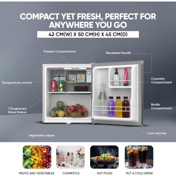 Nikai 65L Gross/42L Net, Compact Single Door Mini Refrigerator, Portable Small Size Fridge, Toughened Glass Shelves, Vegetable Crisper, Bottle Storage Racks, For Home, Office, Bedroom, Silver, NRF65N6S, 1 Year Warranty