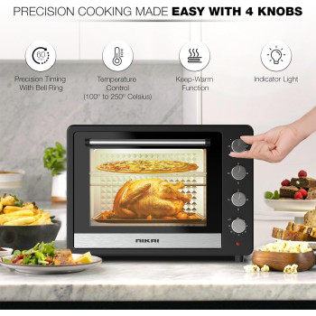 Nikai 65L Electric Oven, 2200W, Adjustable Temperature, 4 Stages Heating, 60-min Timer With Bell, High-Efficiency S.S. Heating, Rotisserie And Convection, Inside Light, Keep Warm Function, Black, NT6500SRC2, 1 Year Warranty