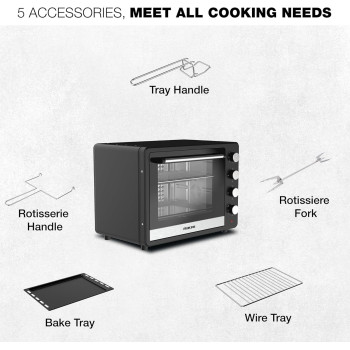 Nikai 65L Electric Oven, 2200W, Adjustable Temperature, 4 Stages Heating, 60-min Timer With Bell, High-Efficiency S.S. Heating, Rotisserie And Convection, Inside Light, Keep Warm Function, Black, NT6500SRC2, 1 Year Warranty