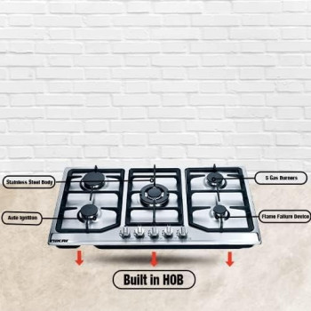 Nikai 5 Burner Gas Hob With Auto Ignition, Cast Iron Support, Full Safety Features, Straight Flame, Stainless Steel Body, Rapid Burner, Semi-Rapid Burner, Auxiliary Burner, Silver, NGH5005N, 1 Year Warranty