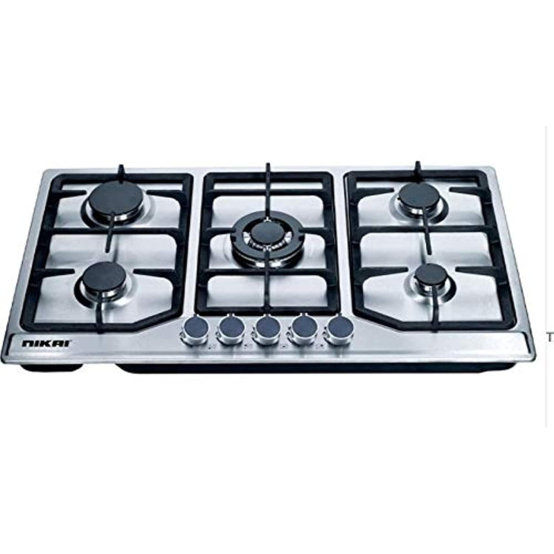 Nikai 5 Burner Gas Hob With Auto Ignition, Cast Iron Support, Full Safety Features, Straight Flame, Stainless Steel Body, Rapid Burner, Semi-Rapid Burner, Auxiliary Burner, Silver, NGH5005N, 1 Year Warranty