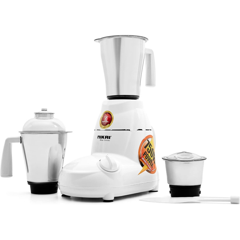 Nikai 750W 3-In-1 Blender, 1.5L Jar, 18000 RPM Turbo Motor, Durable ABS Body, Stainless Steel Blade And Jars, 3 Speeds + Pulse, Perfect For Dry And Wet Fine Grinding, Mixing And Juicing, White, NB894, 1 Year Warranty
