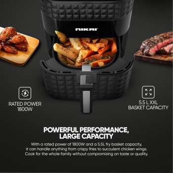 Nikai Digital Air Fryer, 1800W, XXL 5.5L Basket And 7L Pan, 7 Pre-Set Programs With Built-In Preheat Function, Viewing Window, Adjustable Temp And Timer, Black, NAF488D1, 1 Year Warranty