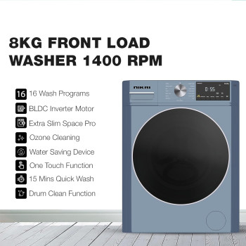 Nikai 8KG 1400 RPM Front Load Washer With 16 Programs, Energy Saving BLDC Inverter Motor, Steam Wash, Fully Automatic Washing Machine, LED Display, Child Lock, One Touch Function, Matte Blue, NWM801FIB, 1 Year Warranty