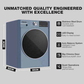 Nikai 8KG 1400 RPM Front Load Washer With 16 Programs, Energy Saving BLDC Inverter Motor, Steam Wash, Fully Automatic Washing Machine, LED Display, Child Lock, One Touch Function, Matte Blue, NWM801FIB, 1 Year Warranty