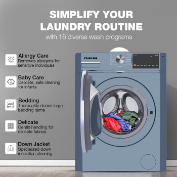 Nikai 8KG 1400 RPM Front Load Washer With 16 Programs, Energy Saving BLDC Inverter Motor, Steam Wash, Fully Automatic Washing Machine, LED Display, Child Lock, One Touch Function, Matte Blue, NWM801FIB, 1 Year Warranty
