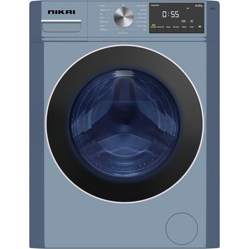 Nikai 8KG 1400 RPM Front Load Washer With 16 Programs, Energy Saving BLDC Inverter Motor, Steam Wash, Fully Automatic Washing Machine, LED Display, Child Lock, One Touch Function, Matte Blue, NWM801FIB, 1 Year Warranty