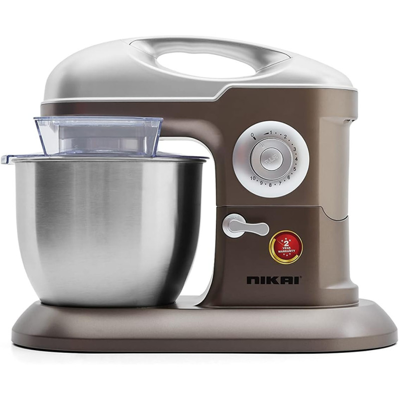Nikai Kitchen Stand Mixer Machine, 1000W Power, 6.5L Large Capacity, Stainless Steel Bowl, 3 Mixing Blades, 10 Speed Settings For Perfect Baking Results, Easy Mixing And Kneading, Brown/Silver, NSM650A, 1 Year Warranty