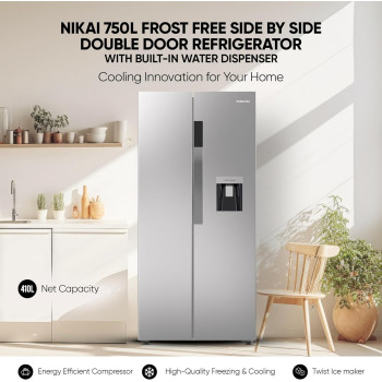 Nikai 750L Gross/410L Net, Side By Side Double Door Refrigerator With Energy Efficient Inverter Compressor, Temp Display Mirror, High Efficient Defrosting, Steel Finish Body, Silver, NRF750SBD5, 1 Year Warranty