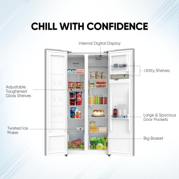 Nikai 750L Gross/410L Net, Side By Side Double Door Refrigerator With Energy Efficient Inverter Compressor, Temp Display Mirror, High Efficient Defrosting, Steel Finish Body, Silver, NRF750SBD5, 1 Year Warranty