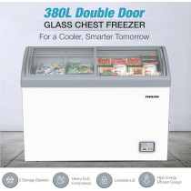 Nikai 380L Gross/320 Net, Double Door Glass Chest Freezer With Storage Basket, High Energy Efficiency Cooling System, Adjustable Temperature, Silent Operation, For Home And Restaurants, White, NCF400GL1, 1 Year Warranty