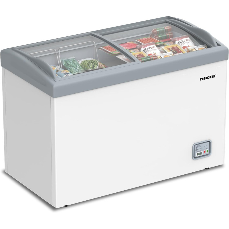 Nikai 380L Gross/320 Net, Double Door Glass Chest Freezer With Storage Basket, High Energy Efficiency Cooling System, Adjustable Temperature, Silent Operation, For Home And Restaurants, White, NCF400GL1, 1 Year Warranty
