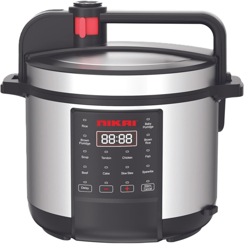 Nikai 11-In-1 Smart Multi-Cooker, 1000W, 6L Capacity, Electric Pressure Cooker, Slow Cooker, Rice Cooker, Saute Pan, Yoghurt Maker, Steamer, Food Warmer, Stainless Steel, Black/Silver, NEP682DX, 1 Year Warranty